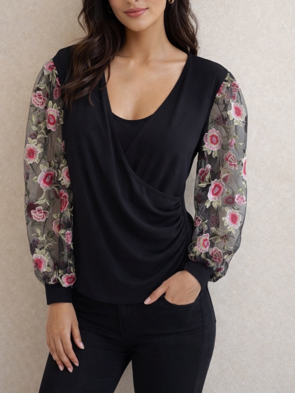 VENUS Black Floral Mesh Sleeve Surplice Wrap Top Blouse Sheer Embroidered Size L